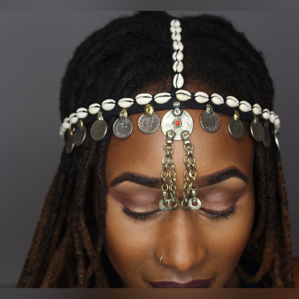 Cowrie Shell Head Dress Adjustable Headband with Tribal Coins and Bells